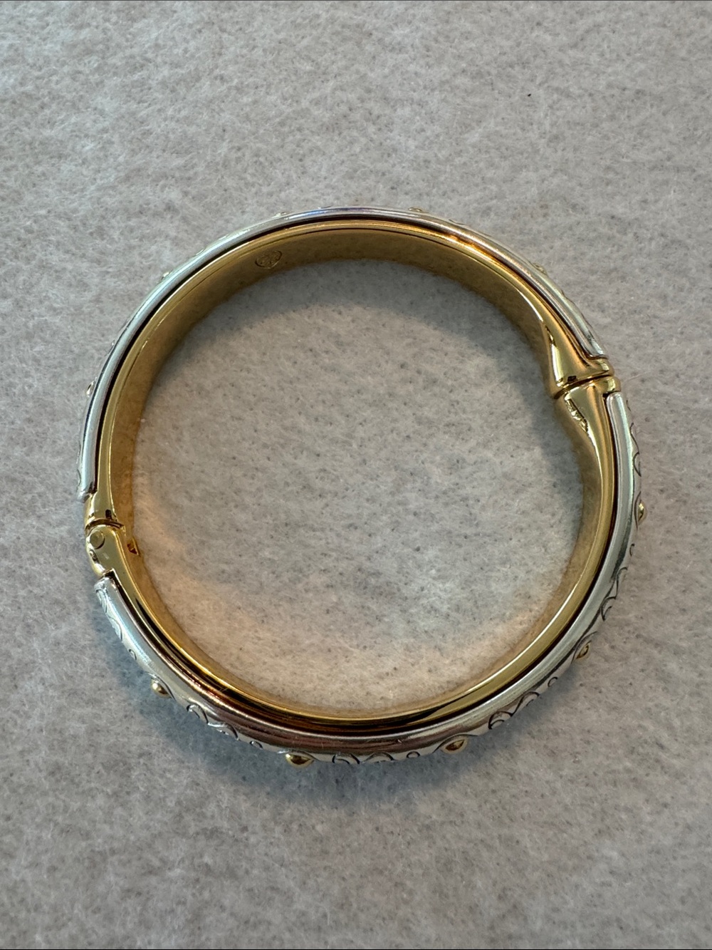 Brighton Two-Tone Silver and Gold Decorative Hinged Bangle Bracelet - Picture 3 of 5
